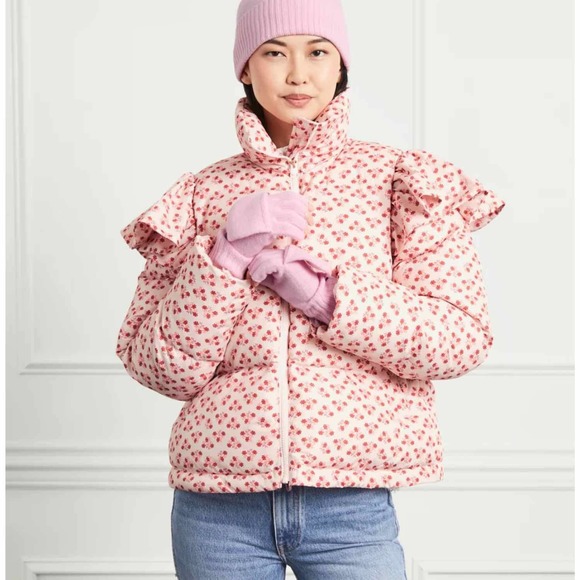 Hill House The Violet Ruffle Sleeve Puffer Jacket Size Small Posy Pink - Picture 12 of 12